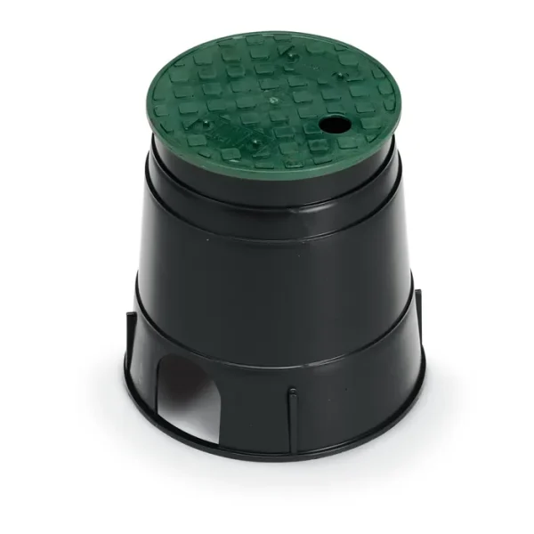 PVB6RND - Caja de válvula PVB redonda de 6 pulgadas - Cuerpo negro y tapa verde superpuesta